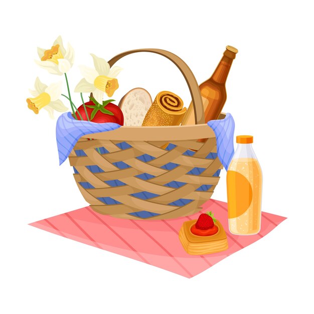 Picnic wicker mand met voedingsmiddelen voor het eten buiten vector illustratie