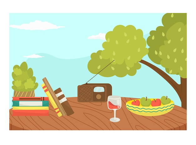 Vector picnic wild organic ecology place foodstuff outdoor forest tree area cozy meal location radio