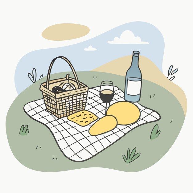 Vector a picnic with a basket and a bottle of wine