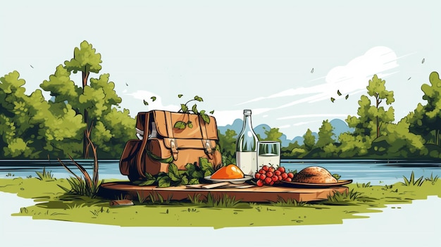 Vector a picnic with a bottle of wine and a picnic basket