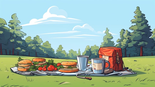 A picnic with a cup of coffee and food on a sunny day