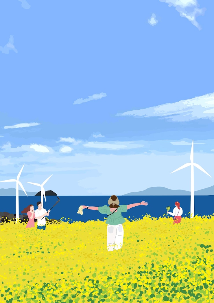 Vector 바가에 있는 카놀라 꽃 정원에서 피크닉을 합니다.