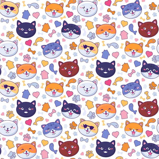 Pictogram of cute faces of pet cats and their hobbies Red tabby kitten smiles winks his owner Food treats home and care Ornament for printing on fabric cover and packaging