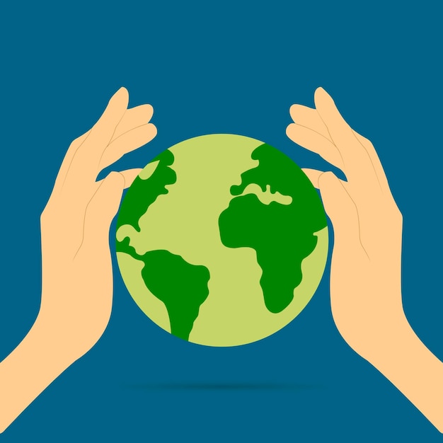 Pictogram sticker knop op het thema van het redden van de aarde met handen die aarde planeet op blauwe achtergrond houden