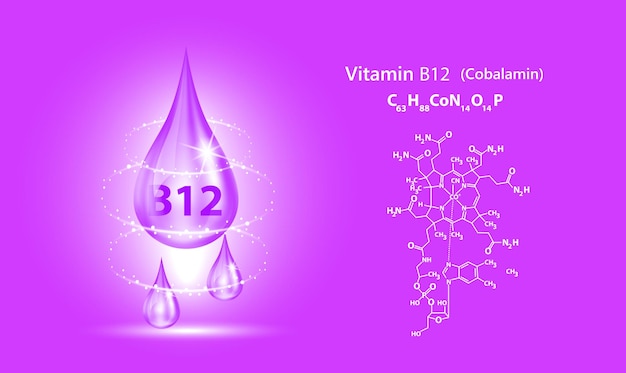 Pictogram structuur vitamine B12 drop water collageen paars Medische en wetenschappelijke concepten huidverzorging.