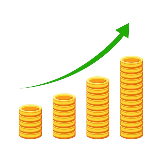 Pictogram voor geldverhoging. Stapels munten met groene opwaartse pijl. Geldsymbool met opwaartse uitrekkende arro