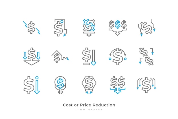 Pictogram voor kosten- of prijsverlaging met eenvoudige lijnstijl zakelijke en financiële illustratie verminderd financieel symbool