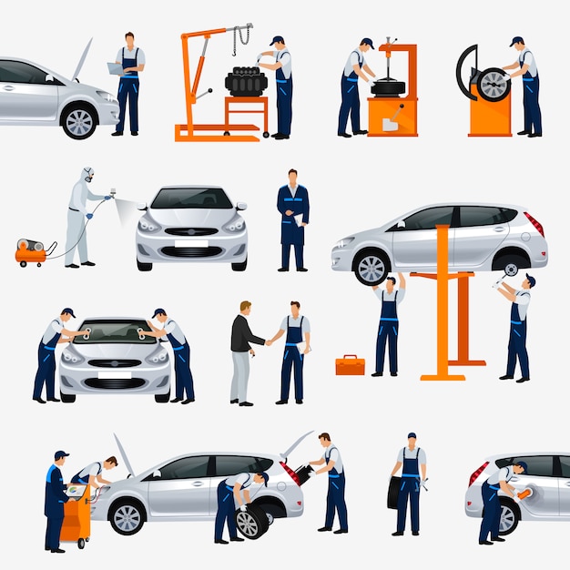 Pictogrammen autoreparatieservice, verschillende werknemers tijdens het repareren van de auto, bandenservice, diagnostiek, autolakken, raamvervangingsonderdelen. illustratie