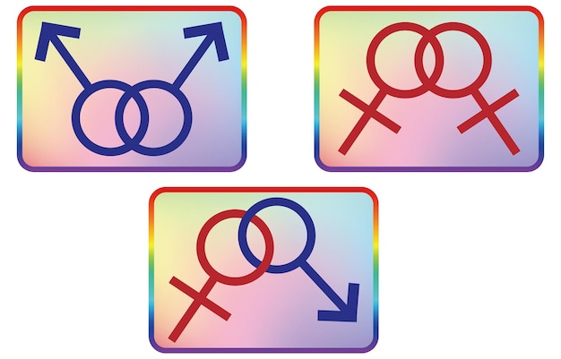 Vector pictogrammen homoparen lesbische stellen mannelijke en vrouwelijke paarmarkeringen met regenbooglijnen en achtergrond