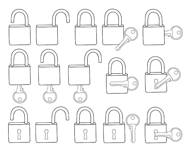 Pictogrammen instellen sloten sleutels Internetbeveiliging Gesloten open slot Infographic Hand getekende illustratie lijntekeningen