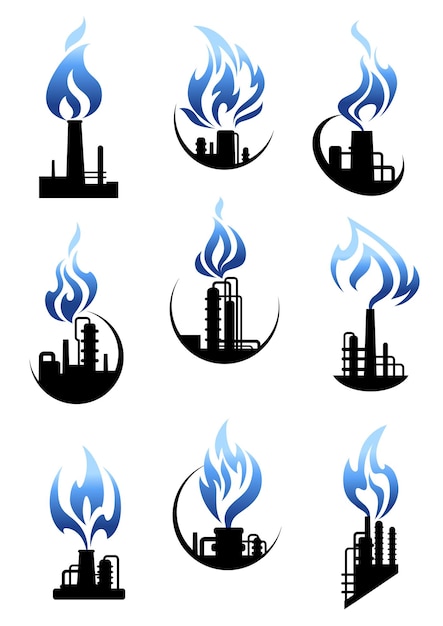 Pictogrammen van de gas- en olie-industrie met chemische industriële fabrieken en fabrieken met pijpleidingen, tankopslagplaatsen, schoorstenen en krachtige blauwe vlammen erboven