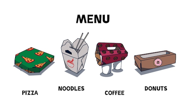 Pictogrammen van dozen voor bezorging van fastfood Afhaalmaaltijden Menu Snel en lekker eten uit verschillende landen Cartoon eten en drinken doos pictogrammen geïsoleerd op witte achtergrond