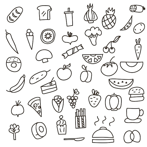 Vector pictogrammen van fruit, groenten en voedsel een hand getrokken doodle in stijl vectorillustratie