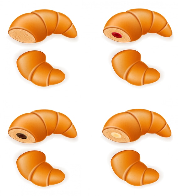 Vector pictogrammen van verse knapperige croissants met jam chocolade en crème vectorillustratie instellen