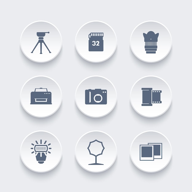 Pictogrammen voor fotoapparatuur, camera, statief, geheugenkaart, film, lens, softbox, flitser