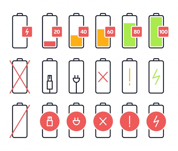 Pictogrammen voor het opladen van batterijen. laadvermogen, energiestatus van smartphone-accu. mobiele telefoon batterij signaalindicatoren geïsoleerde pictogrammen instellen.