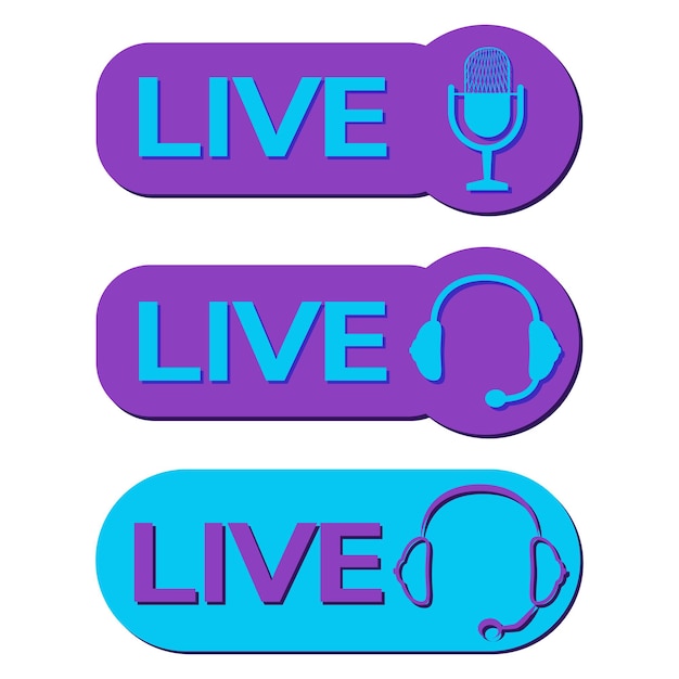 Pictogrammen voor live-uitzendingen. kleur symbolen en knoppen van live streaming, omroep. set online stream knoppen met koptelefoon en microfoon, geïsoleerd op een witte achtergrond. vector