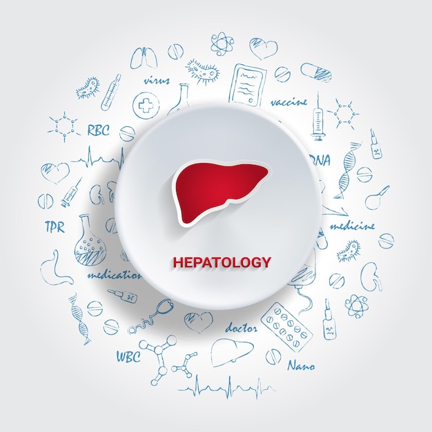 Pictogrammen Voor Medische Specialiteiten Hepatologie Concept Vectorillustratie Met Hand Getrokken Geneeskunde Doodle