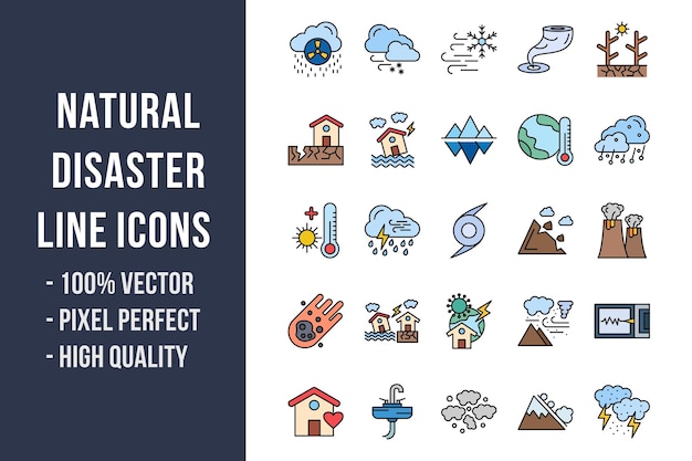 Pictogrammen voor natuurrampen in lijnkleur