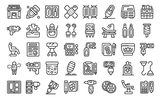 Pictogrammen voor tattoo-apparatuur instellen overzichtsvector Machinenaald