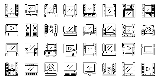 Pictogrammen voor thuisbioscoop instellen omtrekvector Computerluidspreker