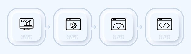 웹사이트 설정 아이콘에 대한 픽토그램 Seo 설정 브라우저 및 네트워크 설정 속도 테스트 앞뒤로 버튼 온라인 개념 Neomorphism 스타일 비즈니스 및 광고를 위한 벡터 라인 아이콘