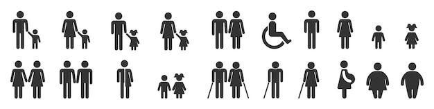 Пиктограммы людей Иконы детей, взрослых и пожилых пиктограмм ЛГБТ Семейные иконы на изолированном белом фоне Вектор EPS 10