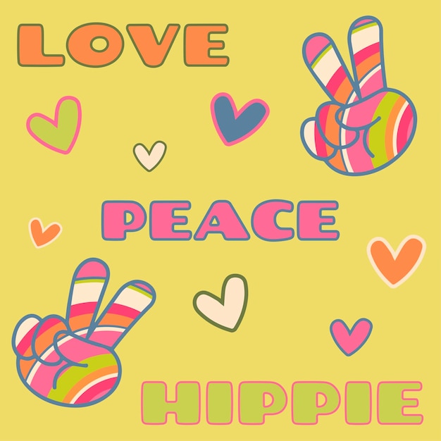 Pictogramsticker in hippiestijl met tekst Love Peace Hippie en hartenoverwinningstekens op felgele achtergrond in retrostijlx9