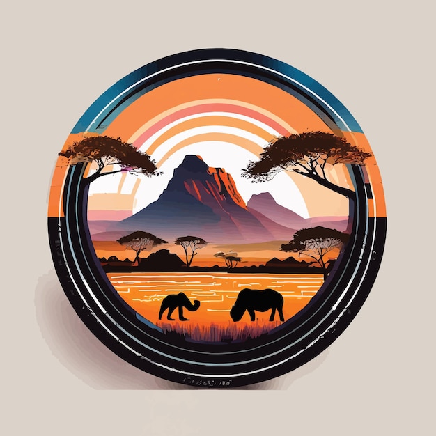 Un logo pittorico per safari photography che incorpora un'obiettivo della fotocamera e un africano