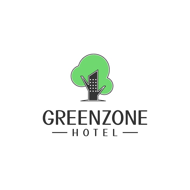 Logo pittorico con concetto di design di illustrazione combinato edificio e albero per il marchio dell'hotel