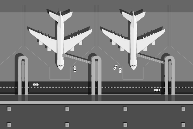 Immagine del terminal dell'aeroporto con due aerei, vista dall'alto, illustrazione di stile