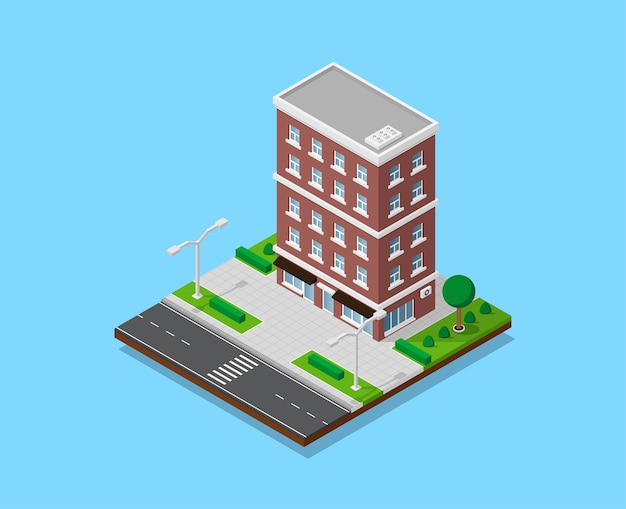 歩道、道路、木々、街灯、低ポリの町の建物、アイソメトリックアイコン、または市街地図作成用のインフォグラフィック要素を備えたアパートの写真