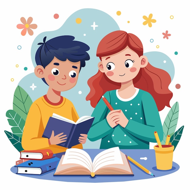 a picture of a boy and a girl reading a book