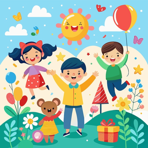 a picture of a boy and a girl with a balloon and the word quot happy quot on it