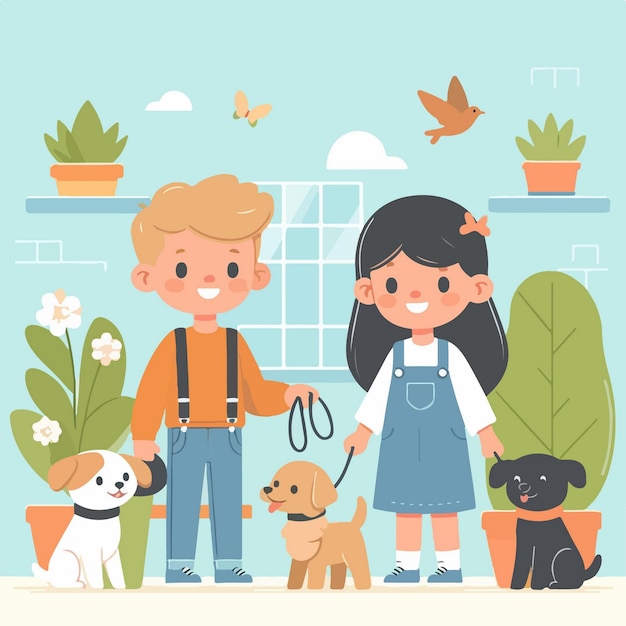 Vector a picture of a boy and a girl with a dog and flowers