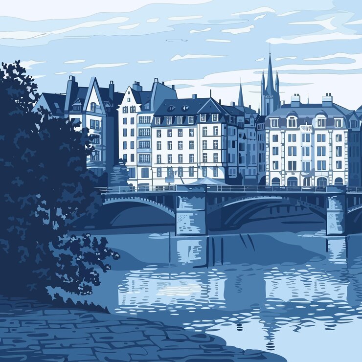 Vector a picture of a bridge and a river with a bridge in the background
