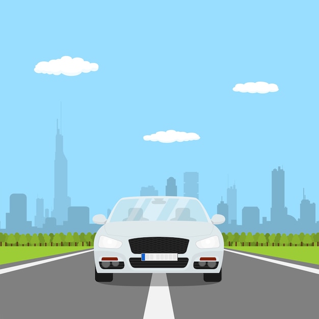 Picture of car on the road with forest and big city silhouette on bakground,  style illustration