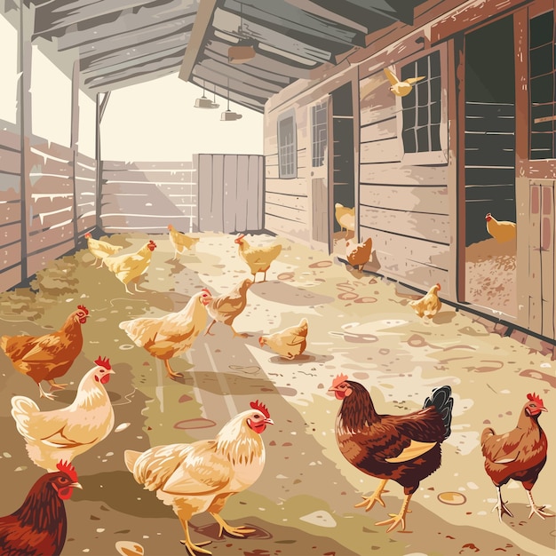 Vector a picture of chickens in a barn with one that says chicken