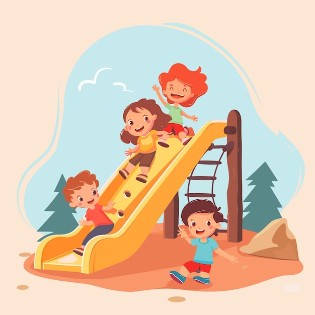 a picture of children playing on a slide with trees in the background