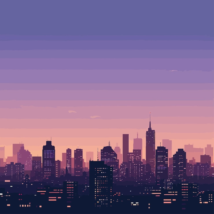 Vector a picture of a city skyline with a purple sky and a city in the background