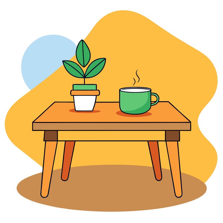 a picture of a coffee mug and a pot of a plant on a table