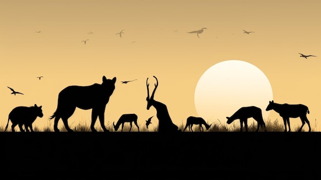 Vettore un'immagine di un cervo e di un'antilope con un sole che tramonta dietro di loro
