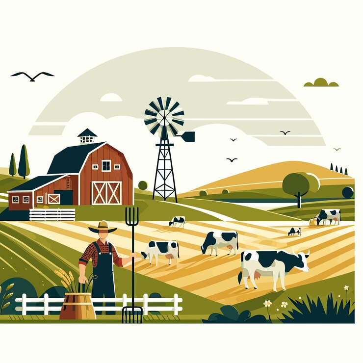 Vector a picture of a farm with a cow and a barn in the background