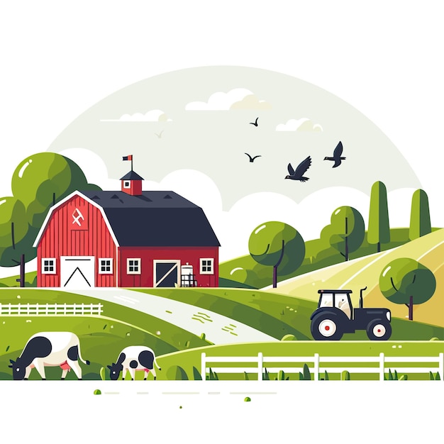 a picture of a farm with a red barn and cows