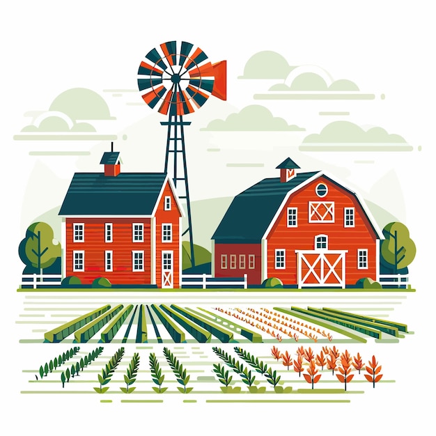 a picture of a farm with a windmill and a farm