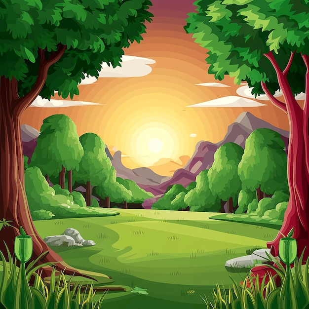 Vector a picture of a forest with a river and mountains in the background