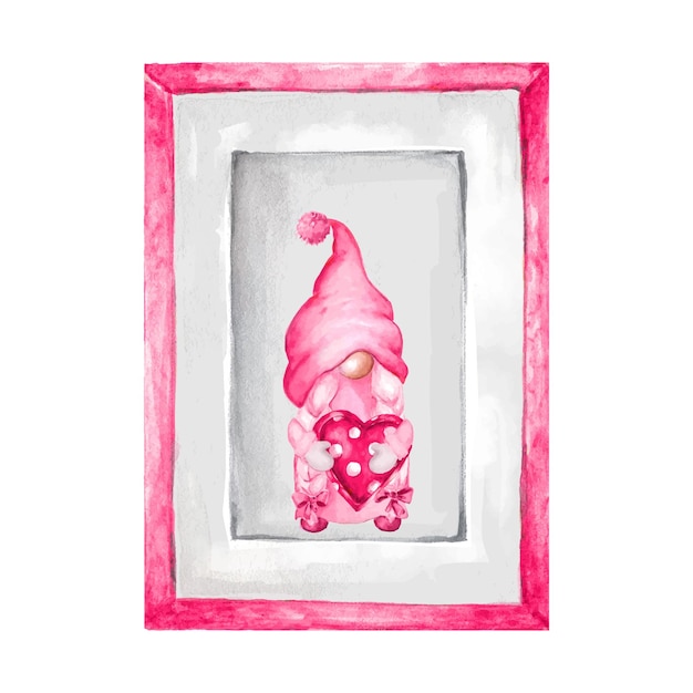 Vector picture in frame watercolor poster of gnome with pink heartillustration for valentines day
