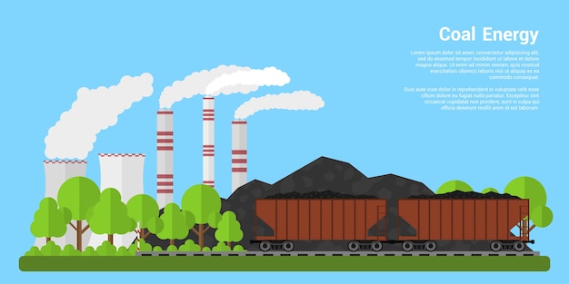 Picture of freight carriages filled with coal with coal hills and coal-fired power plant on background,  style banner, coal industre, coal energy concept