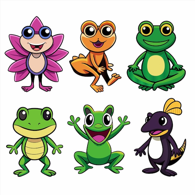 Vector a picture of frogs and a frog with a purple flower on the top