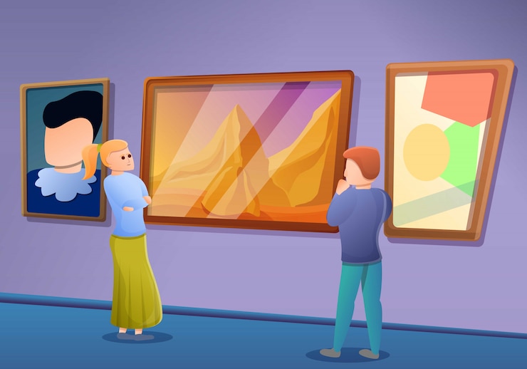 Vector picture gallery excursion concept banner, cartoon style